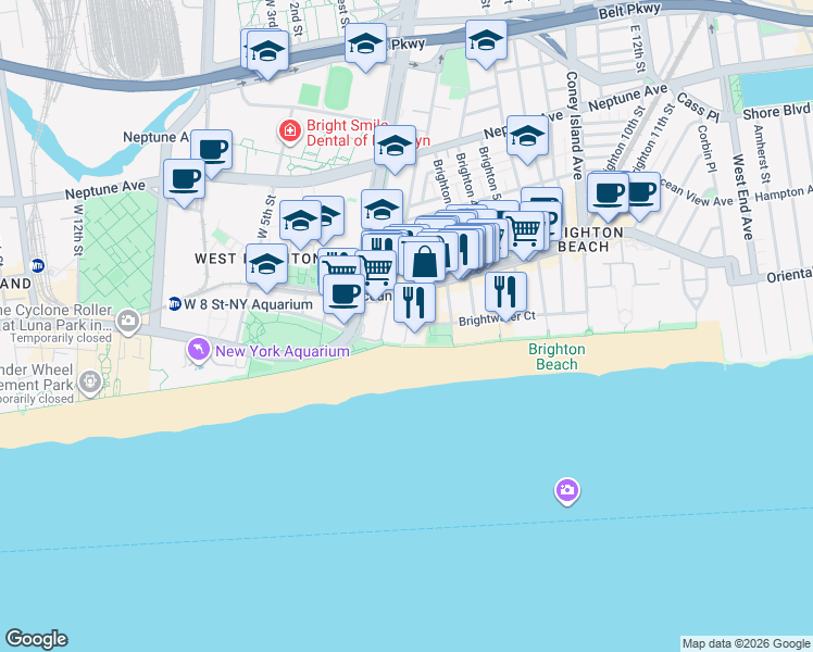 map of restaurants, bars, coffee shops, grocery stores, and more near 201 Brighton 1st Road in Brooklyn