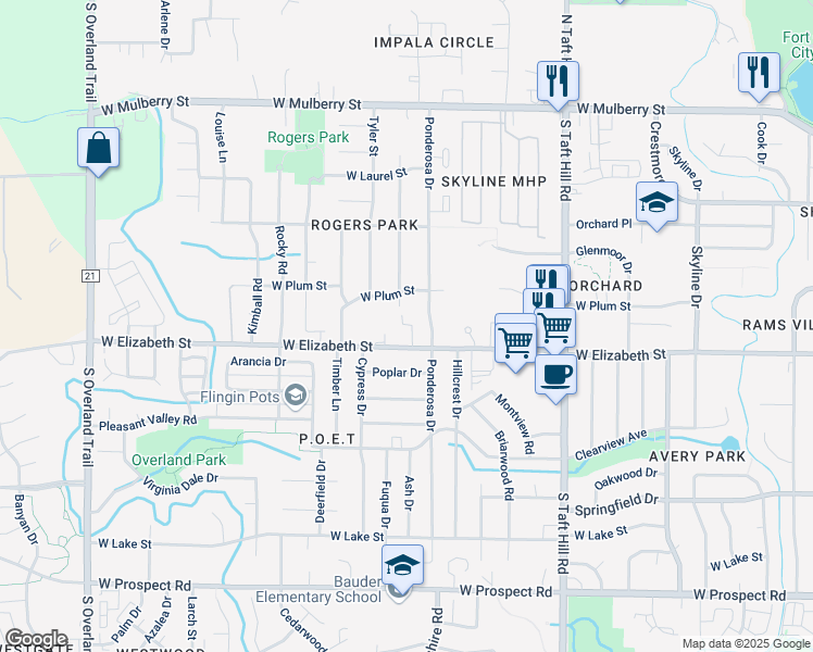 map of restaurants, bars, coffee shops, grocery stores, and more near 2450 West Elizabeth Street in Fort Collins