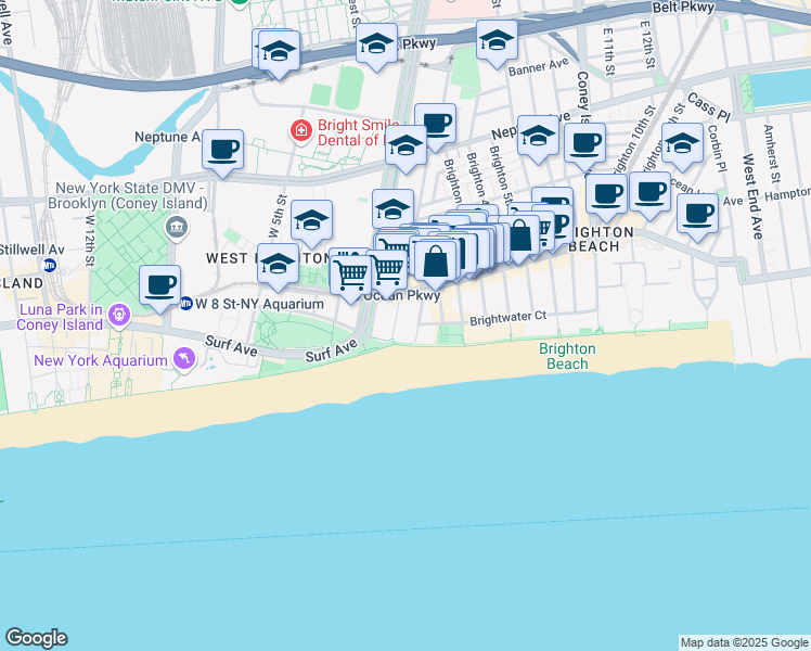 map of restaurants, bars, coffee shops, grocery stores, and more near 201 Brighton 1st Road in Brooklyn