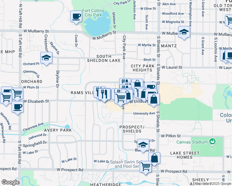 map of restaurants, bars, coffee shops, grocery stores, and more near 1400 West Elizabeth Street in Fort Collins