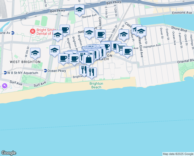 map of restaurants, bars, coffee shops, grocery stores, and more near 3161 Brighton 6th Street in Brooklyn