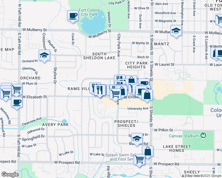 map of restaurants, bars, coffee shops, grocery stores, and more near 1400 West Elizabeth Street in Fort Collins