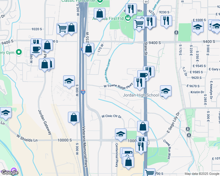 map of restaurants, bars, coffee shops, grocery stores, and more near 175 Albion Village Way in Sandy