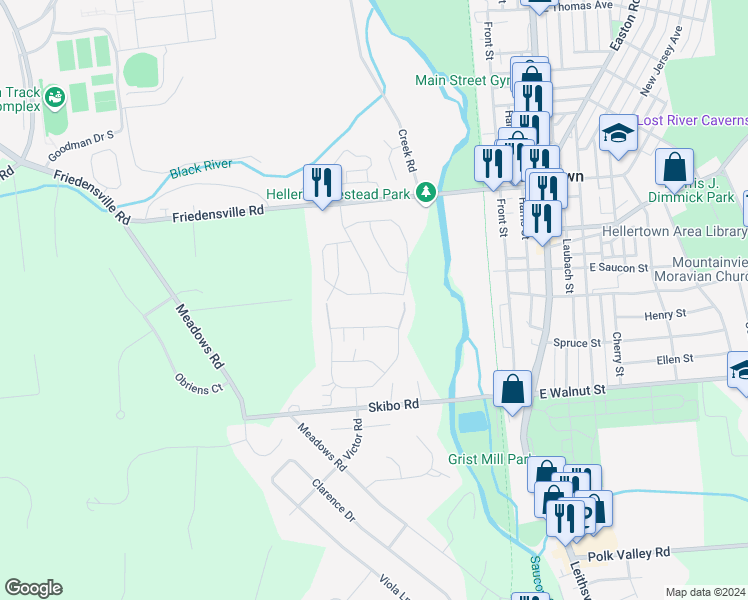 map of restaurants, bars, coffee shops, grocery stores, and more near 1862 Mansfield Street in Hellertown