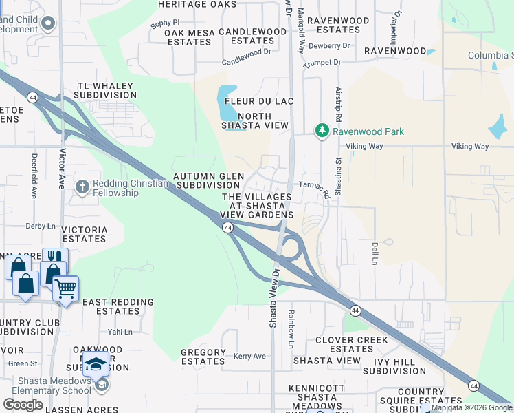 map of restaurants, bars, coffee shops, grocery stores, and more near 2336 Shining Star Way in Redding