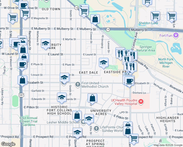 map of restaurants, bars, coffee shops, grocery stores, and more near 727 Locust Street in Fort Collins