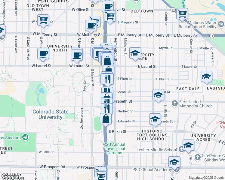 map of restaurants, bars, coffee shops, grocery stores, and more near 914 South College Avenue in Fort Collins