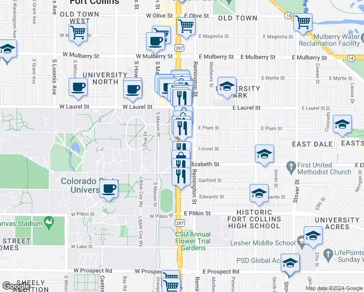 map of restaurants, bars, coffee shops, grocery stores, and more near 914 South College Avenue in Fort Collins