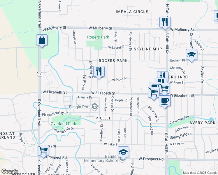 map of restaurants, bars, coffee shops, grocery stores, and more near 2510 West Elizabeth Street in Fort Collins