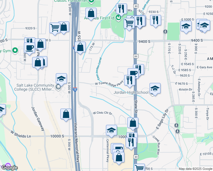 map of restaurants, bars, coffee shops, grocery stores, and more near 160 Albion Village Way in Sandy