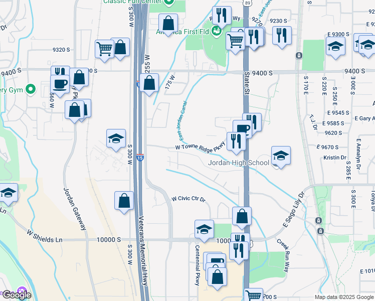 map of restaurants, bars, coffee shops, grocery stores, and more near 160 Albion Village Way in Sandy