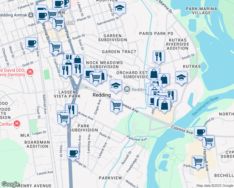 map of restaurants, bars, coffee shops, grocery stores, and more near None in Redding