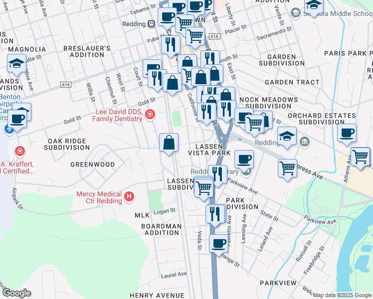 map of restaurants, bars, coffee shops, grocery stores, and more near 2352 Waldon Street in Redding