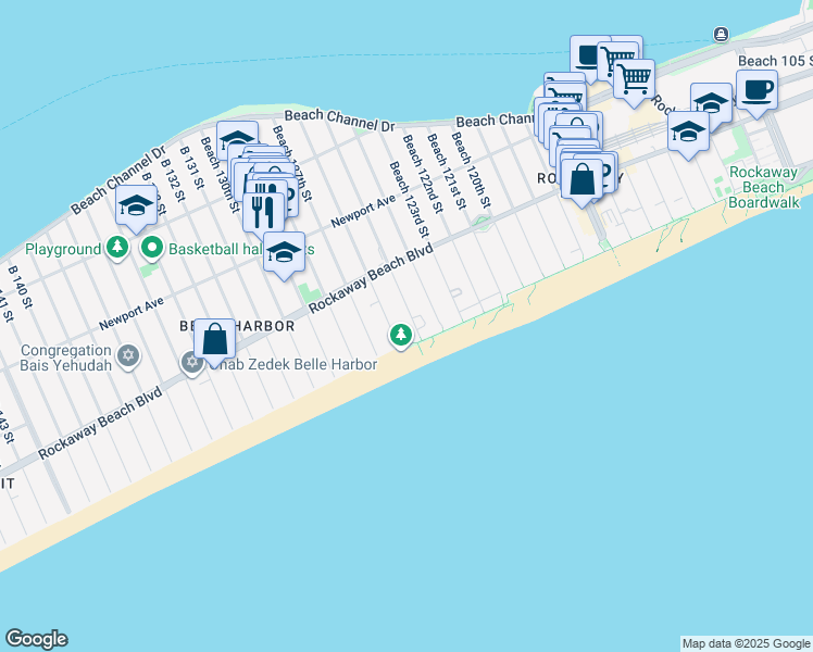 map of restaurants, bars, coffee shops, grocery stores, and more near 125-2 Ocean Promenade Belle Harbor in Queens