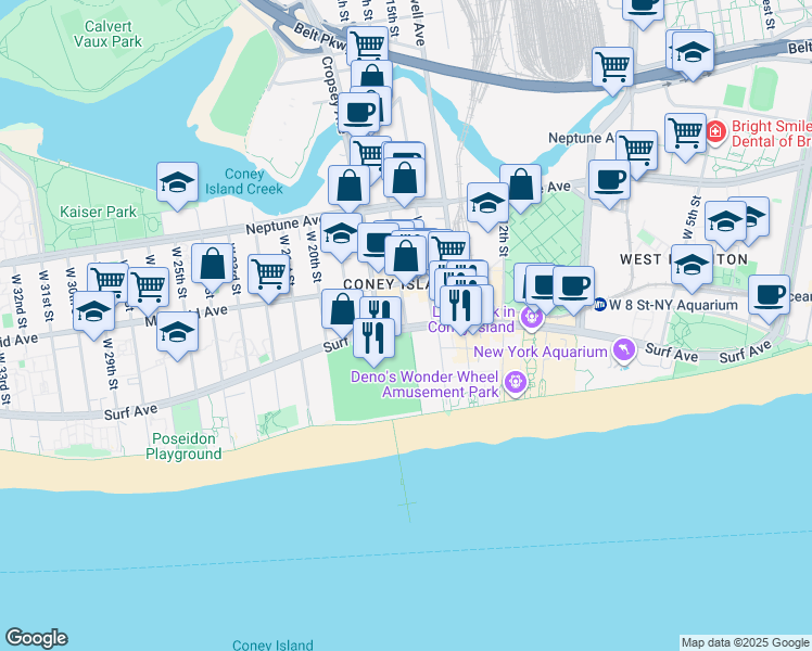 map of restaurants, bars, coffee shops, grocery stores, and more near 1520 Surf Avenue in Brooklyn