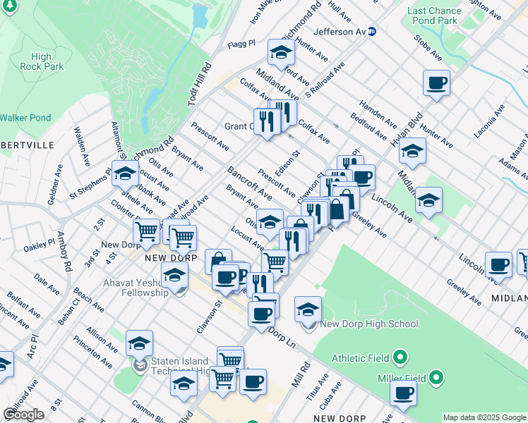 map of restaurants, bars, coffee shops, grocery stores, and more near 224 Bryant Avenue in Staten Island