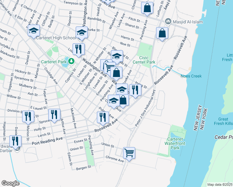 map of restaurants, bars, coffee shops, grocery stores, and more near 60 High Street in Carteret