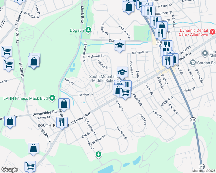 map of restaurants, bars, coffee shops, grocery stores, and more near 2112 Baker Drive in Allentown