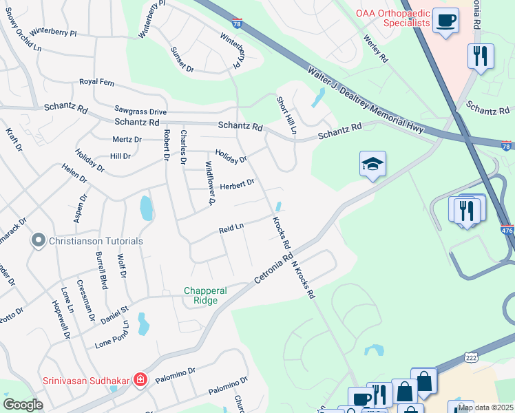 map of restaurants, bars, coffee shops, grocery stores, and more near 5519 Reid Lane in Allentown