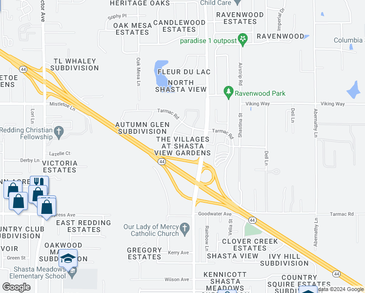 map of restaurants, bars, coffee shops, grocery stores, and more near 2336 Shining Star Way in Redding