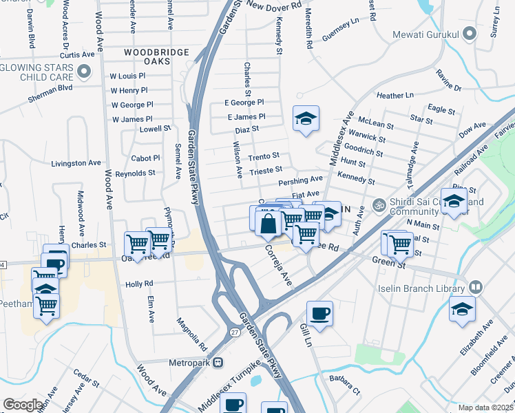map of restaurants, bars, coffee shops, grocery stores, and more near 124 Correja Avenue in Woodbridge Township