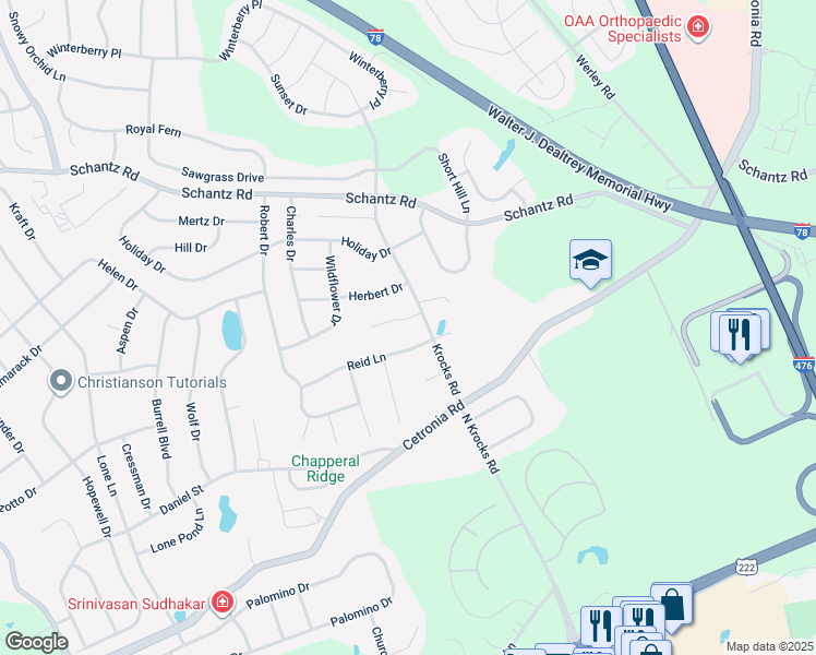 map of restaurants, bars, coffee shops, grocery stores, and more near 5519 Reid Lane in Allentown