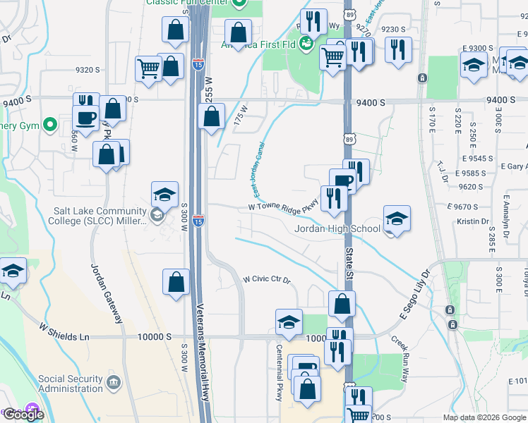 map of restaurants, bars, coffee shops, grocery stores, and more near 175 Albion Village Way in Sandy