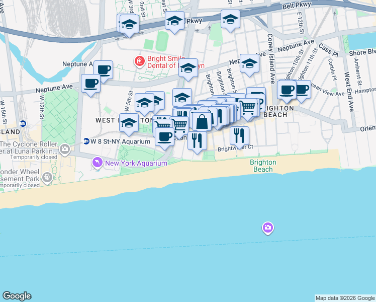 map of restaurants, bars, coffee shops, grocery stores, and more near 201 Brighton 1st Road in Brooklyn