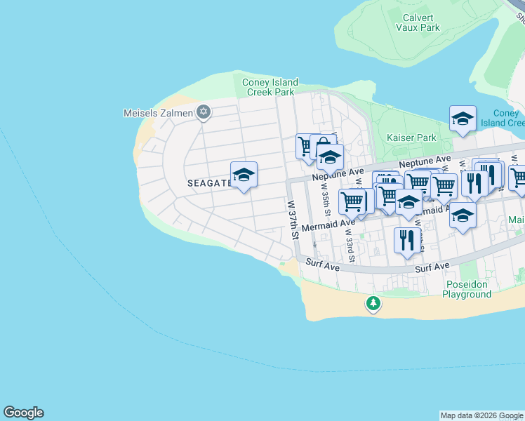 map of restaurants, bars, coffee shops, grocery stores, and more near 3727 Mermaid Avenue in Brooklyn