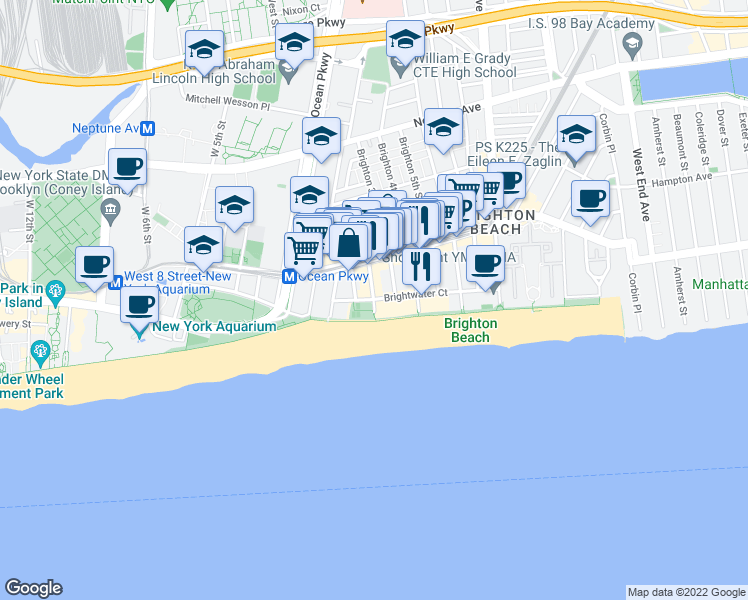 map of restaurants, bars, coffee shops, grocery stores, and more near Brightwater Ct & Brighton 2nd St in Brooklyn