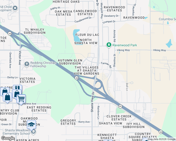 map of restaurants, bars, coffee shops, grocery stores, and more near 2341 Shining Star Way in Redding