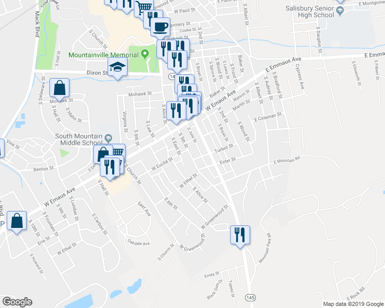 map of restaurants, bars, coffee shops, grocery stores, and more near 2339 South 5th Street in Allentown