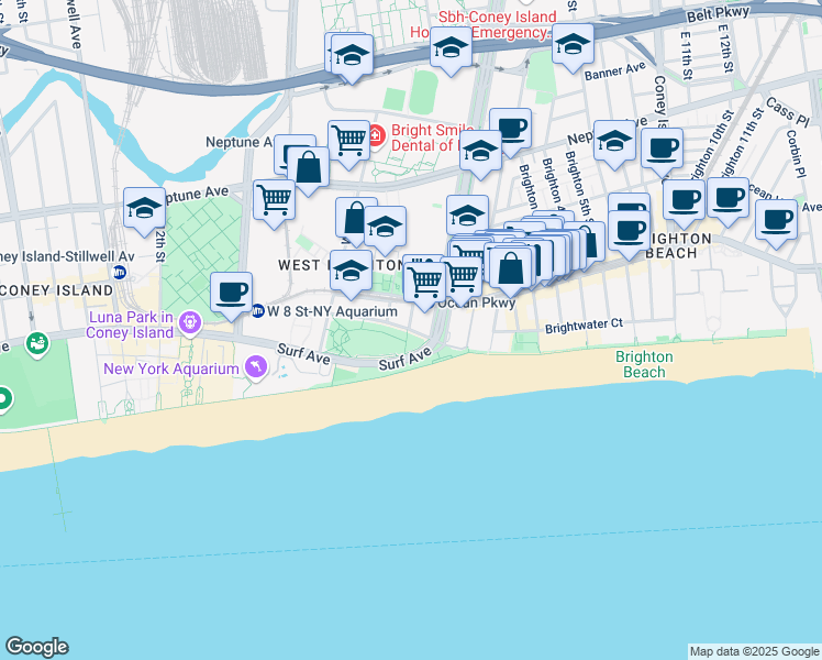 map of restaurants, bars, coffee shops, grocery stores, and more near Sea Breeze Avenue in Brooklyn
