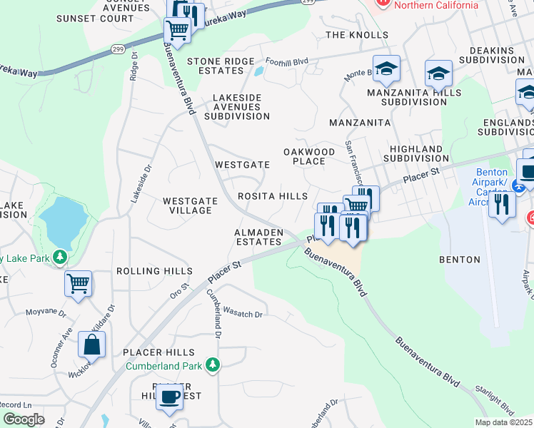 map of restaurants, bars, coffee shops, grocery stores, and more near 3610 Rosita Drive in Redding