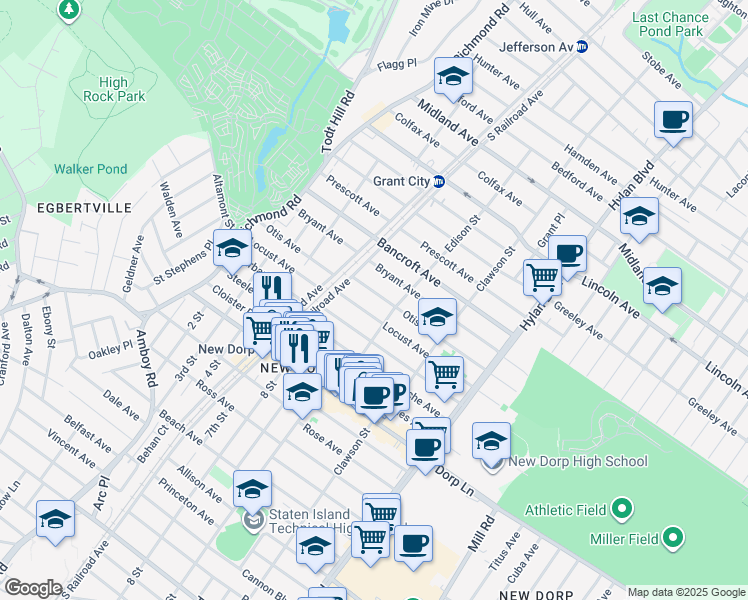 map of restaurants, bars, coffee shops, grocery stores, and more near 196 Locust Avenue in Staten Island