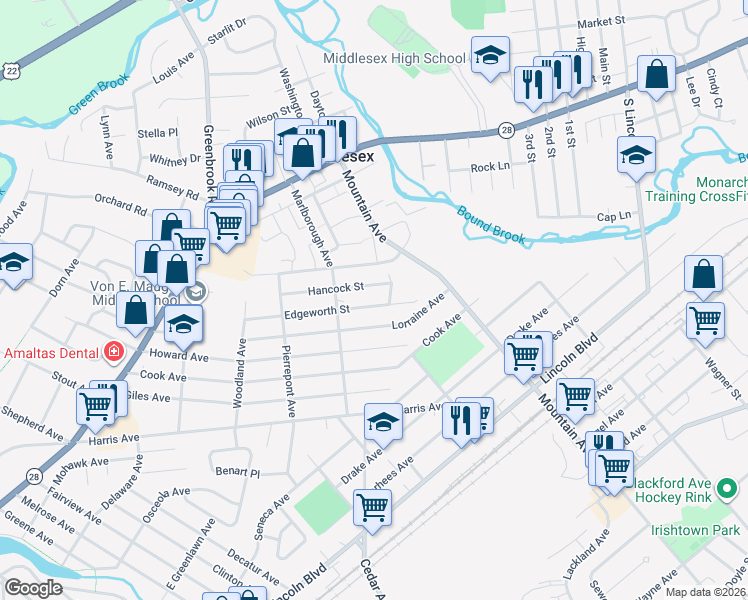 map of restaurants, bars, coffee shops, grocery stores, and more near 545 Lorraine Avenue in Middlesex
