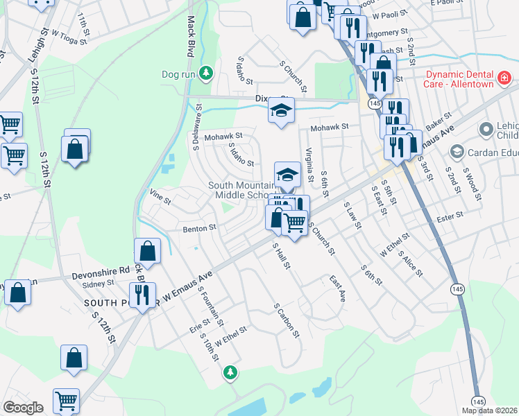 map of restaurants, bars, coffee shops, grocery stores, and more near 2112 Baker Drive in Allentown