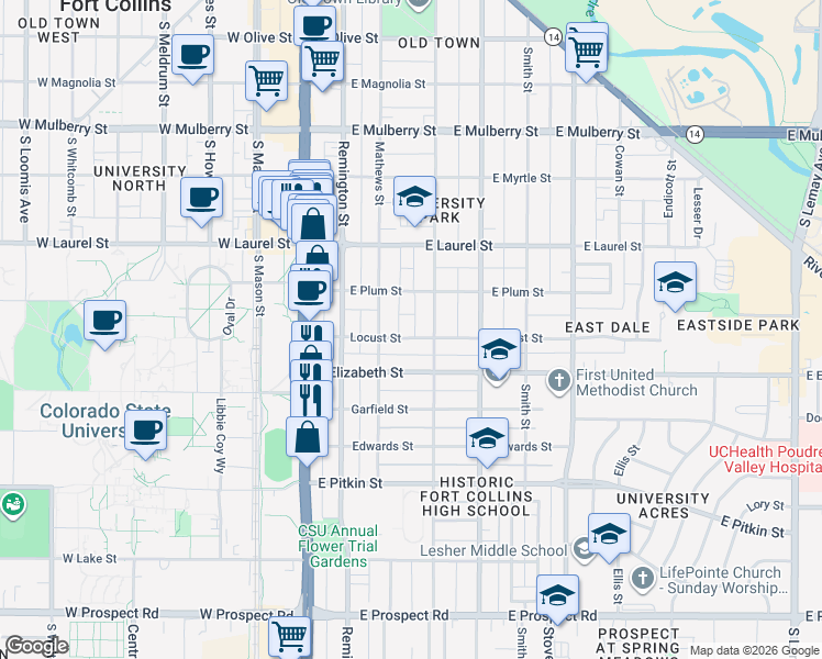 map of restaurants, bars, coffee shops, grocery stores, and more near 309 Locust Street in Fort Collins
