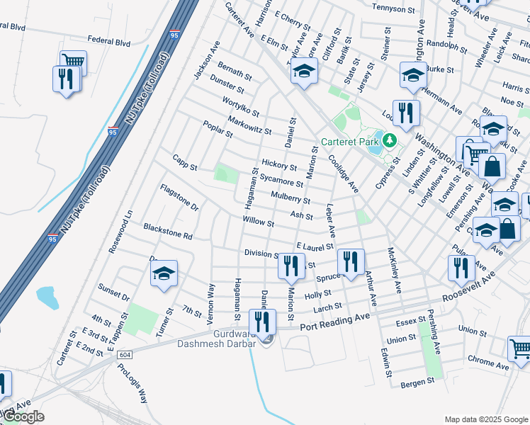 map of restaurants, bars, coffee shops, grocery stores, and more near 54 Willow Street in Middlesex County