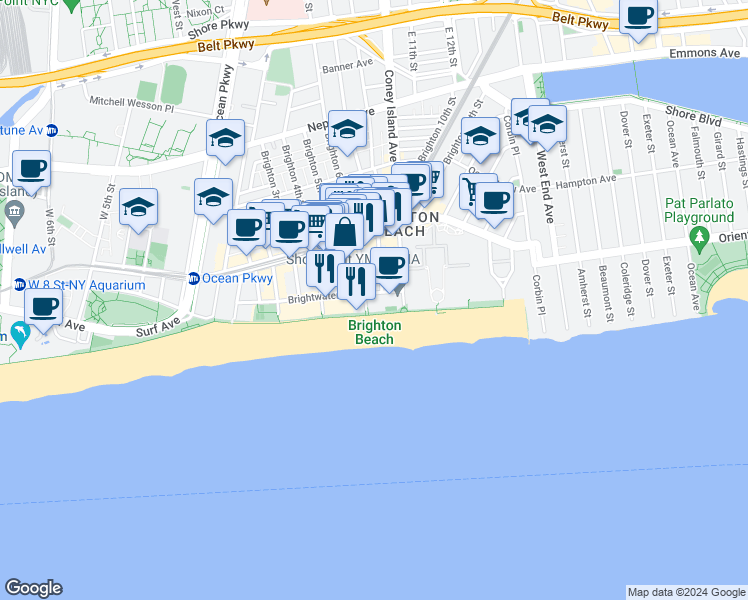 map of restaurants, bars, coffee shops, grocery stores, and more near 3161 Brighton 6th Street in Brooklyn