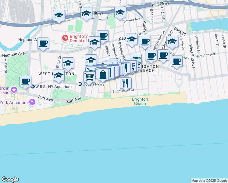 map of restaurants, bars, coffee shops, grocery stores, and more near 225 Brightwater Court in Brooklyn