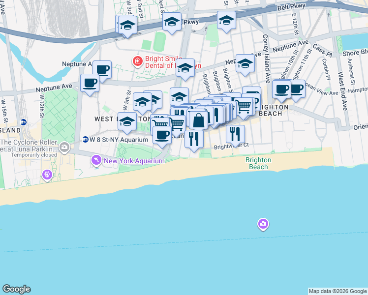 map of restaurants, bars, coffee shops, grocery stores, and more near 201 Brighton 1st Road in Brooklyn