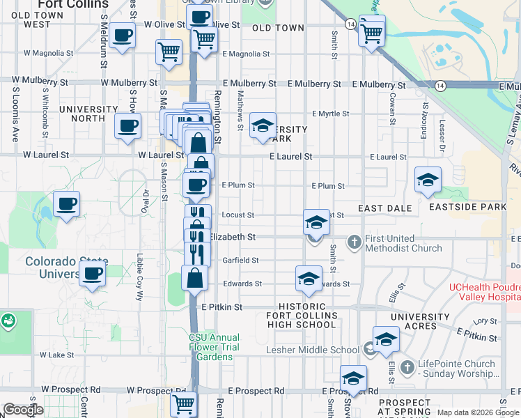 map of restaurants, bars, coffee shops, grocery stores, and more near 309 Locust Street in Fort Collins
