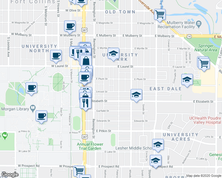 map of restaurants, bars, coffee shops, grocery stores, and more near 309 Locust Street in Fort Collins