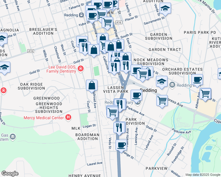 map of restaurants, bars, coffee shops, grocery stores, and more near 2355 Waldon Street in Redding