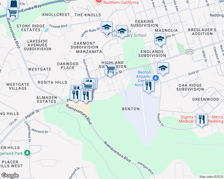 map of restaurants, bars, coffee shops, grocery stores, and more near 3025 South Street in Redding