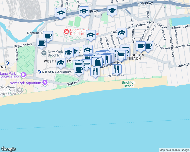 map of restaurants, bars, coffee shops, grocery stores, and more near 201 Brighton 1st Road in Brooklyn