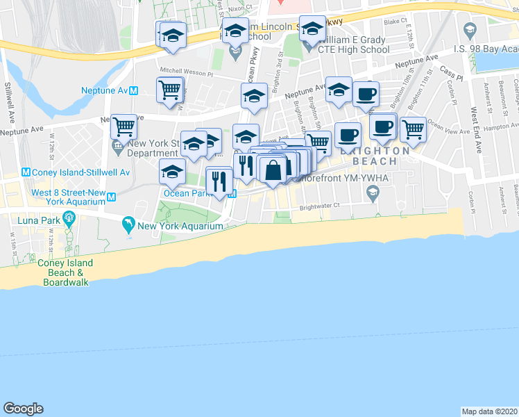 map of restaurants, bars, coffee shops, grocery stores, and more near 201 Brighton 1st Road in Brooklyn