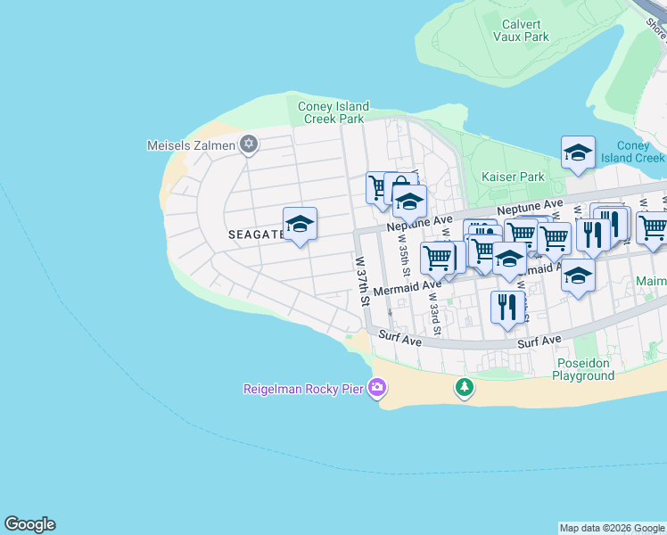 map of restaurants, bars, coffee shops, grocery stores, and more near 3727 Mermaid Avenue in Brooklyn