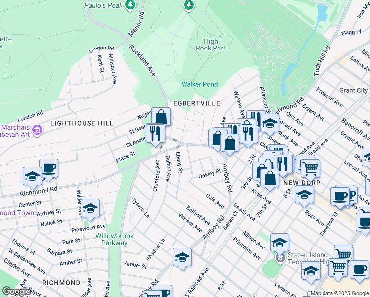 map of restaurants, bars, coffee shops, grocery stores, and more near 27 Ebony Street in Staten Island